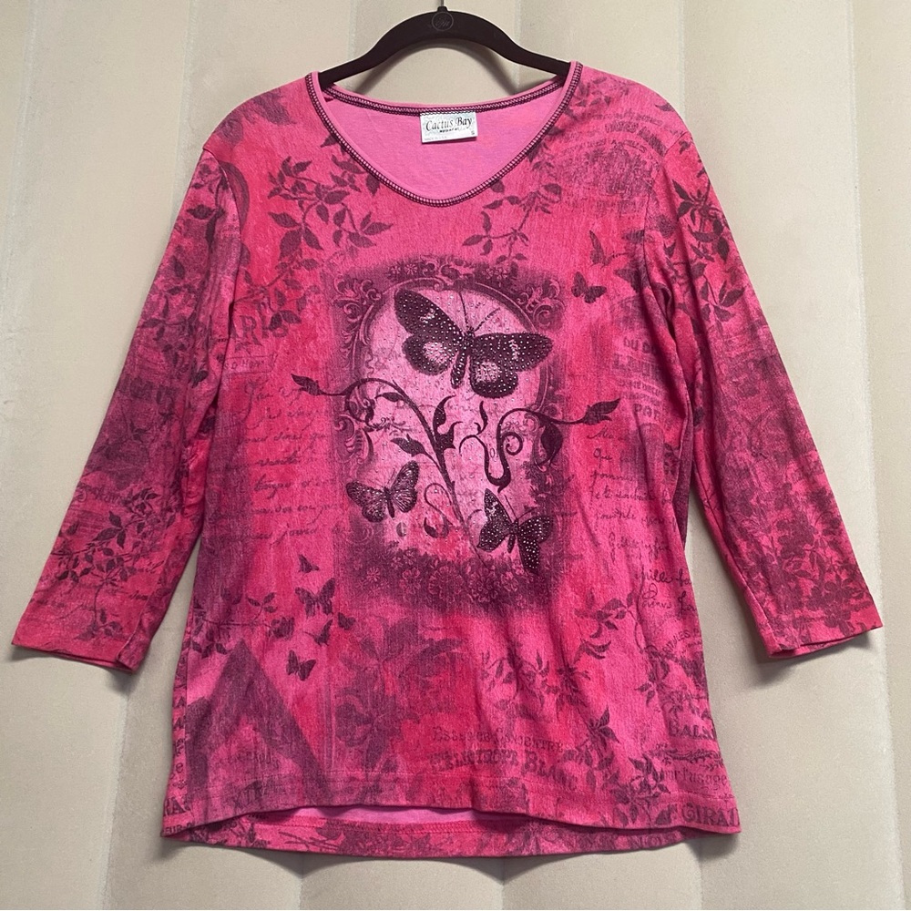 Cactus Bay Women’s Top Shirt Small Y2K Embellished Butterfly Rhinestone